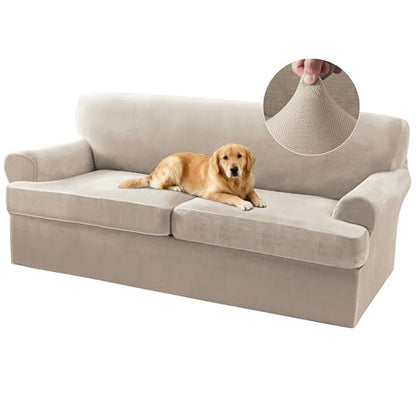 T Cushion Sofa Slipcover 3 Piece Sofa Covers for 2 Large Cushion Couch Thick Velvet Couch Cover Stretch Furniture Covers with 2 Individual T Cushion Covers, Washable (2 Cushion Sofa, French Oak) - color: French Oak, size: Sofa (2 Cushion)