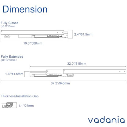 VADANIA #BF54 20" Undermount Drawer Slide, Push to Open - size: 20 Inch, style: Push to Open