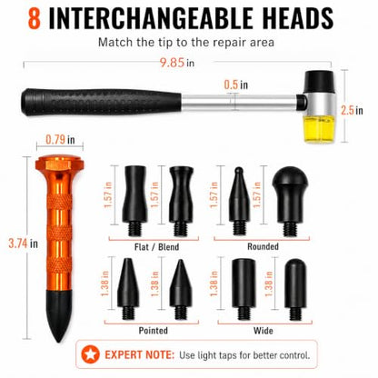 10Pcs Dent Repair Tool Kits Paintless Dent Removal Tap Down Tools Dent Rubber Hammer with 9 Different Shaped Hammer Heads for DIY dent Repair on Cars - color: Black