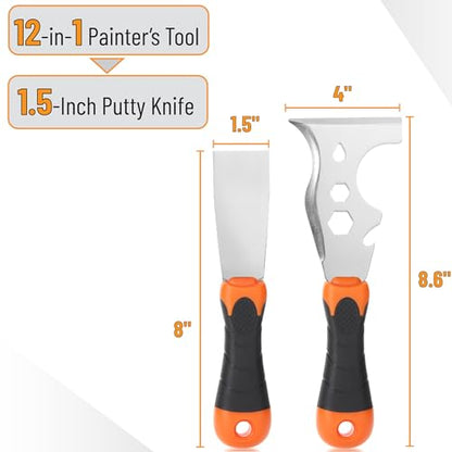 Bates- Paint Scraper Set, 2 Pack, 12 in 1 Painters Tool with 1.5" Stainless Steel Putty Knife, Rubber Handle, Paint Scrapers for Wood, Painters Knife, Paint Scraper for Painting, Metal Scraper