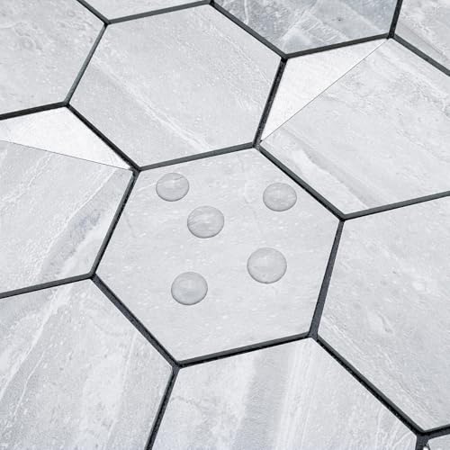 DICOFUN Hexagon Tile Peel and Stick Backsplash, Grey Marble Look PVC Mixed Silver Metal Mosaic Tiles, Pack of 1 - color: Marble Grey + Silver Metal Chip, size: 1 Sheet, 12''x12''x0.12''