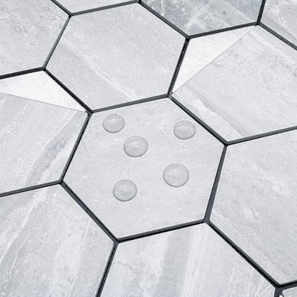 DICOFUN Hexagon Tile Peel and Stick Backsplash, Grey Marble Look PVC Mixed Silver Metal Mosaic Tiles, Pack of 1 - color: Marble Grey + Silver Metal Chip, size: 1 Sheet, 12''x12''x0.12''