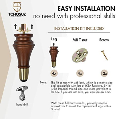 7 inch Solid Wood Furniture Spool Legs with Gold Caps, 4PCS Walnut - color: Walnut, size: 7" 18cm