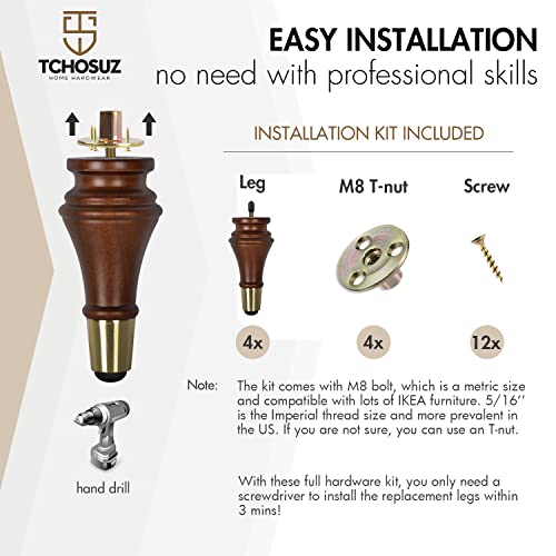 6 inch Solid Wood Furniture Spool Legs with Gold Caps, 4PCS Walnut - color: Walnut, size: 6"/ 15cm