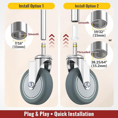 HOLKIE Stem Caster Wheels 4 inch Casters Set of 4, 7/16-Inch Stem Diameter Swivel Castors Heavy Duty TPR Rubber Replacement Castor for Cart, Stool, Mop Bucket, Grill, Shop Vac - style: 4 inch-205LBS( No Brake)