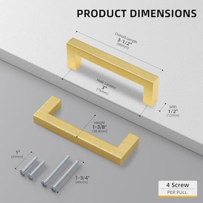 Goldenwarm 35 Pack 3 in Gold Cabinet Handles Square Drawer Pulls - color: Gold, size: 3 Inch Hole Center