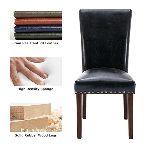 COLAMY Upholstered Parsons Dining Chairs Set of 6, PU Leather Dining Room Kitchen Side Chair with Nailhead Trim and Wood Legs - Black - color: L-black, size: Set of 6