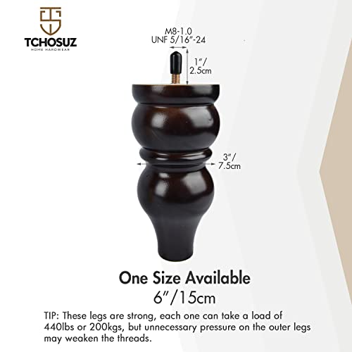 6 inch Solid Wood Furniture Turned Legs with M8 Bolts 4PCS Black - color: Black