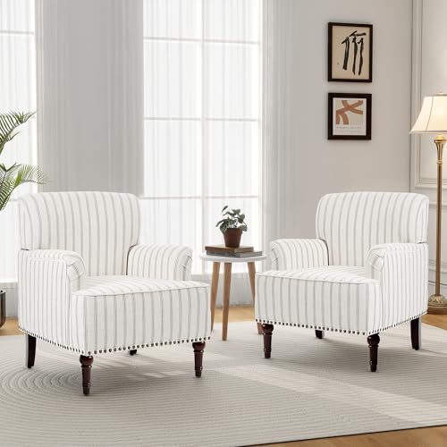 Mid-Century Modern Accent Chair, Pinstripe Light Brown, Set of 2 - color: Fabric Pinstripe Light Brown