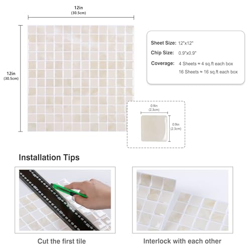 CRE8TIVE 4 Sheets Beige Peel and Stick Backsplash Small Square Mosaic Stick on Tiles for Kitchen Backsplash Tile Stickers 12"x12" Adhesive 3D Marble Wall Tiles for Bathroom Shower Tile Waterproof - size: 12"x12" (4-Sheets)