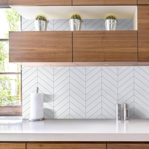 STICKGOO Herringbone Peel and Stick Backsplash, White/Grey Grout, 10 Sheets - color: White With Grey Grout, size: Pack of 10