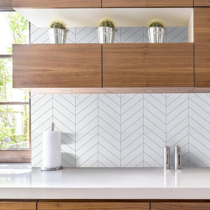 STICKGOO Herringbone Peel and Stick Backsplash, White/Grey Grout, 10 Sheets - color: White With Grey Grout, size: Pack of 10