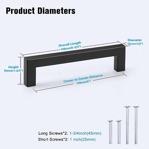 KNOBWELL 20 Pack| 5 inch Square Kitchen Cabinet Handles, 128mm Matte Black Cupboard Pulls, Dresser Drawer Knobs and Pulls Bathroom Cabinet Handles - color: Matte Black, size: Hole Center:5 inch(128mm)