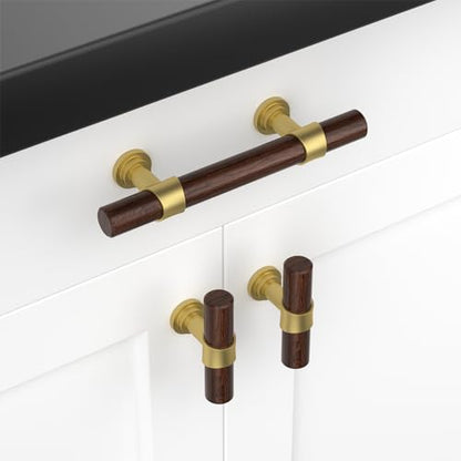 homdiy 10 Pack 3 Inch Hole Center Wood Cabinet Pulls Gold Cabinet Handles - color: Walnut Wood Grain& Matte Gold, size: 3 in Hole Centers
