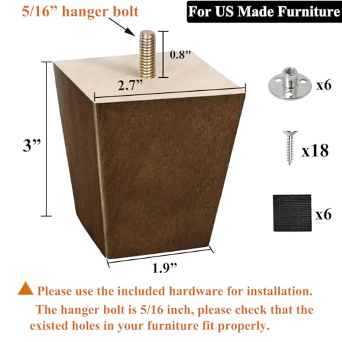 Wood Furniture Legs Sofa Legs Pack of 6 Square Couch Legs Mid-Century Modern Replacement Legs for Armchair Recliner Coffee Table Dresser Sideboard (3 inch (6pcs)) - size: 3 inch (6pcs) Standard (With hanger bolt)