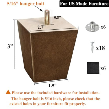Wood Furniture Legs Sofa Legs Pack of 6 Square Couch Legs Mid-Century Modern Replacement Legs for Armchair Recliner Coffee Table Dresser Sideboard (3 inch (6pcs)) - size: 3 inch (6pcs) Standard (With hanger bolt)