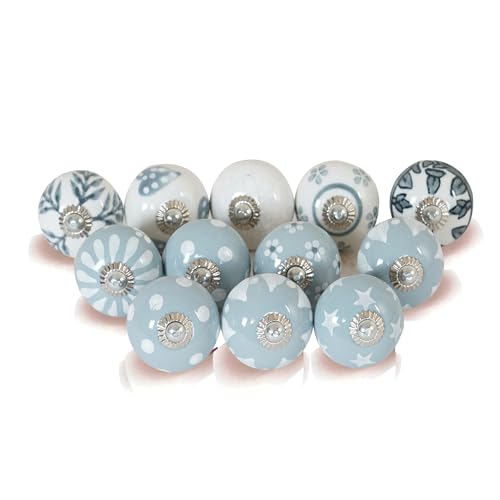 Ceramic Cabinet Knobs Set of 12, Blue White Drawer Pulls - color: Grey & White