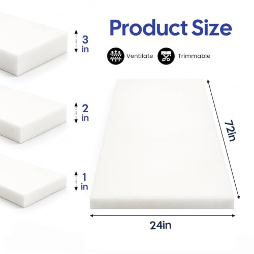 Upholstery Foam 1x24x72 in, High Density Cushion Replacement for Couch
