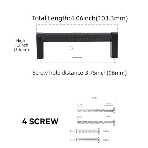 10 Pack 3.75 Inch(96mm) Matte Black Kitchen Cabinet Handles Knurled Cabinet Pulls Black Drawer Pulls Kitchen Hardware - color: Matte Black, size: 3.75'' Hole Center(96mm)