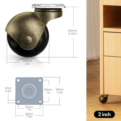 2 Inch Ball Furniture Caster Wheels, Brass Casters Set of 4, Plate Swivel Castor Wheels for Furniture, Kitchen, Cabinet, Table, Max Load Capacity 400 LBS(with Screws) - style: 2 Inch