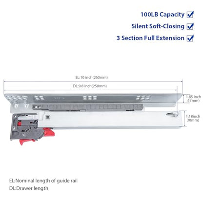 LONTAN 10 Inch Soft Close Undermount Drawer Slides for Frameless (1 Pair) - color: Soft Close Without Bracket, size: 10 Inch