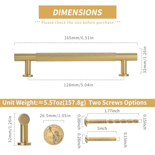 5" Knurled Solid Brass Cabinet Pulls, Brushed Matt Gold 5-Pack - color: Brushed Brass, size: 5 Inch Hole Center