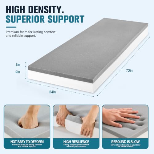 JOYWOO High Density Memory Foam Padding 72"x24"x3", Sofa Cushion & Chair Support Pad, Cut to Size Replacement for Thin Padding & DIY - size: 72x24x3"