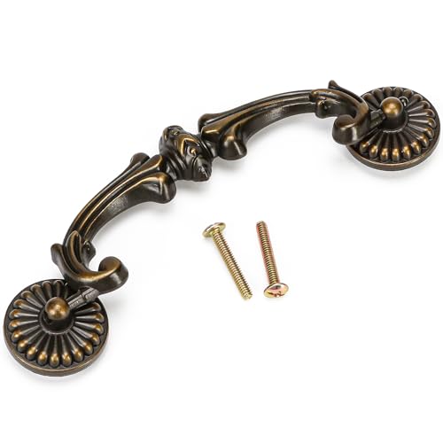Antique Brass Drop Bail Pulls 5 Inch Hole Spacing – Vintage Handle for Dresser, Cabinet, Wardrobe – 128mm C-C Bail Pull, Bronze Metal Hardware, Shabby Chic Floral Knobs Replacement
