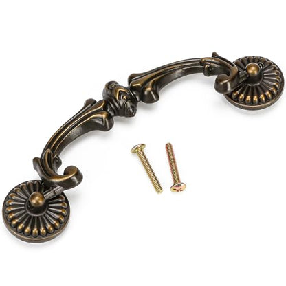 Antique Brass Drop Bail Pulls 5 Inch Hole Spacing – Vintage Handle for Dresser, Cabinet, Wardrobe – 128mm C-C Bail Pull, Bronze Metal Hardware, Shabby Chic Floral Knobs Replacement