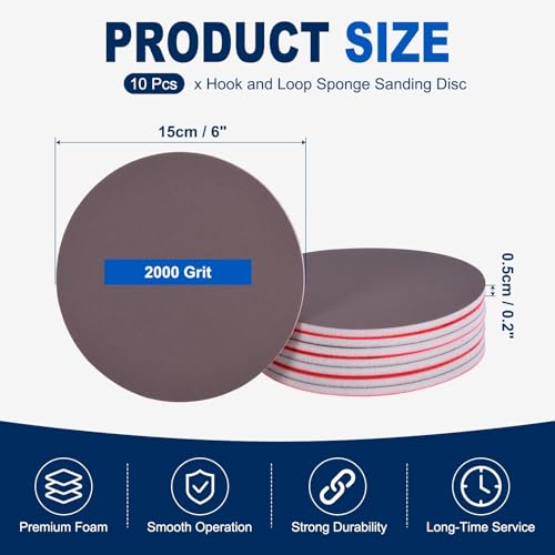 10Pcs 6 Inch Hook and Loop Sponge Sanding Disc, 2000 Grit - size: 6 Inch 2000 Grit