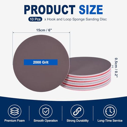 10Pcs 6 Inch Hook and Loop Sponge Sanding Disc, 2000 Grit - size: 6 Inch 2000 Grit