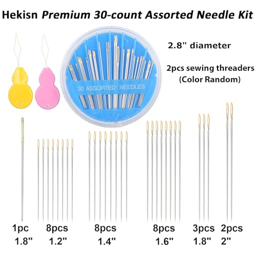 Hekisn 30pcs Premium Hand Sewing Needles, 6 Sizes 30-Count Assorted Sewing Needles, Stitching Needles for Hand Sewing Repair，Sewing Sharp Needles Sewing Repair Embroidery Needles (2, Blue) - style: Blue