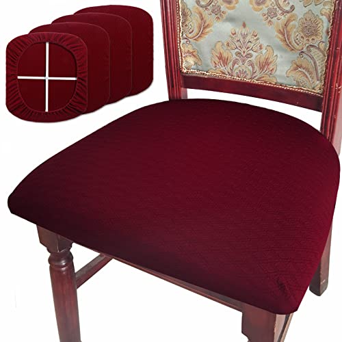 BUYUE Dining Room Chair Seat Covers Set of 4, TPU not Mixed, Friendly Jacquard Fabric Stretch Washable Slipcover for Kitchen Seat Cushions, Burgundy-4PCS - color: Burgundy, size: 4pcs