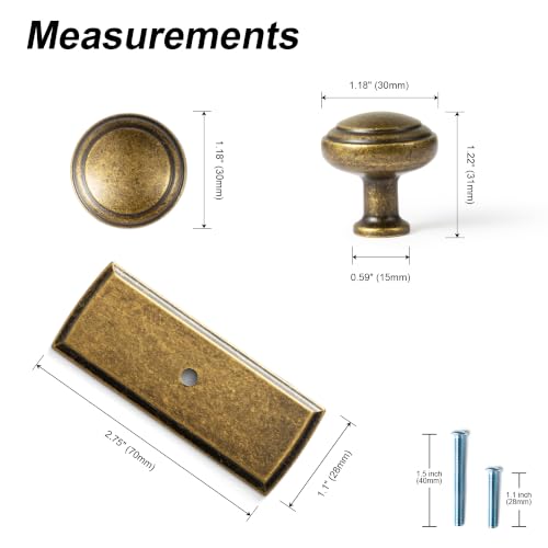 6Pack Champagne Bronze Cabinet Knobs with Backplate Drawer knobs - color: Antique Brass, style: Escutcheon