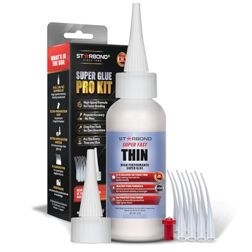 Starbond Super Fast Thin CA Glue – Super Glue Pro Kit with Precision Microtips Anti-Clog Cap & Extra Nozzles – Premium Cyanoacrylate Adhesive for Cracks, Joints, Woodturning, Hobby & Repairs, 2 oz - size: 2 ounce