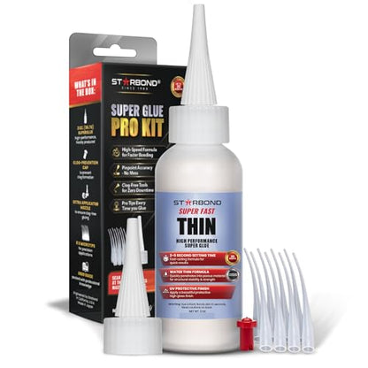 Starbond Super Fast Thin CA Glue – Super Glue Pro Kit with Precision Microtips Anti-Clog Cap & Extra Nozzles – Premium Cyanoacrylate Adhesive for Cracks, Joints, Woodturning, Hobby & Repairs, 2 oz - size: 2 ounce