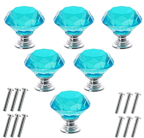 Akstore 6 Pcs Crystal Glass Cabinet Knobs 30mm Diamond Shape Drawer Kitchen Cabinets Dresser Cupboard Wardrobe Pulls Handles (30mm, Light Blue) - color: Light Blue, size: 30 mm