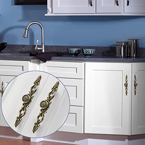 5pcs Antique Bronze Cabinet Knobs and Pulls, 5 inch Hole Centers Vintage Drawer Knobs with Plate, Retro Dresser Pulls Metal Cabinet Hardware for Drawer Dresser Closet