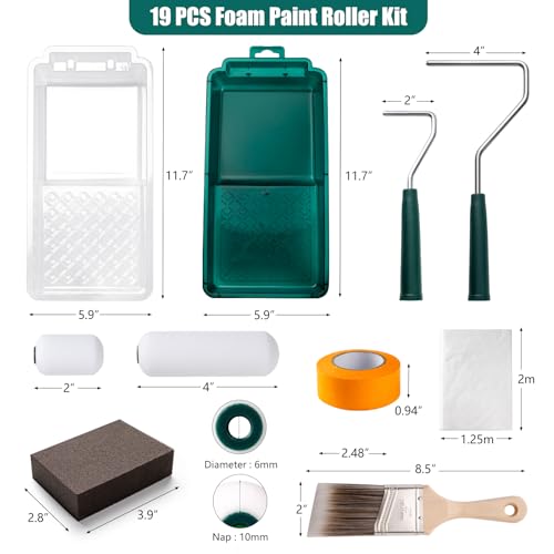 Paint Roller Kit, 19 Pack, 4"2" Small Foam Roller, Paint Brush