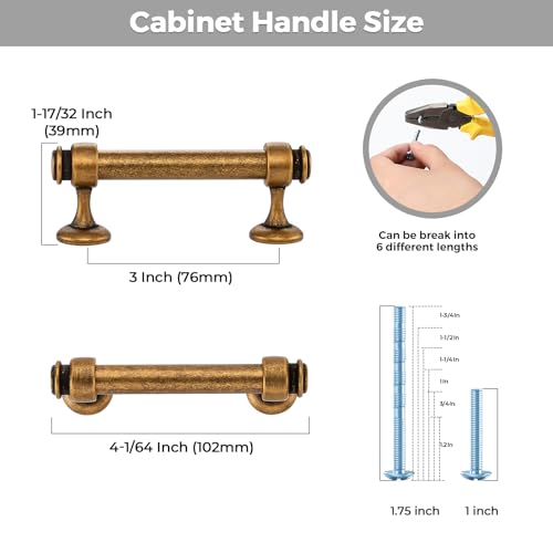12 Pack Antique Brass Cabinet Handles, 3" Hole Center Drawer Pulls - color: Antique Brass, size: 3 Inch Hole Centers