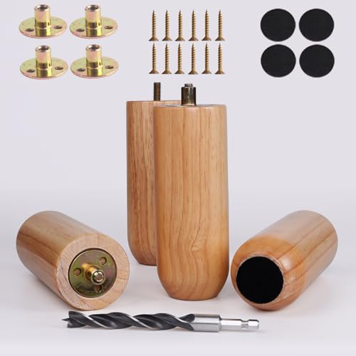 6 Inch Heavy Duty Natural Wooden Furniture Legs Set of 4 - Solid Cylindrical Wood Legs for Sofa, Couch & Table - Sturdy Varnished Replacement Feet (Patas para Muebles) - color: Varnished, size: 6 Inch