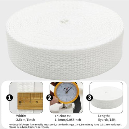 1 inch White Cotton Webbing 5 Yards, Soft & Sturdy for Bag Handles - color: White 529