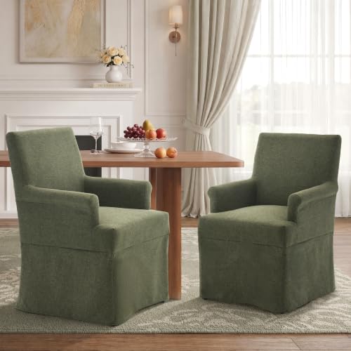 Arm Dining Chair Fabric Long Skirt Slipcovered High Back Upholstered Dinner - color: Green, size: 2 PCS