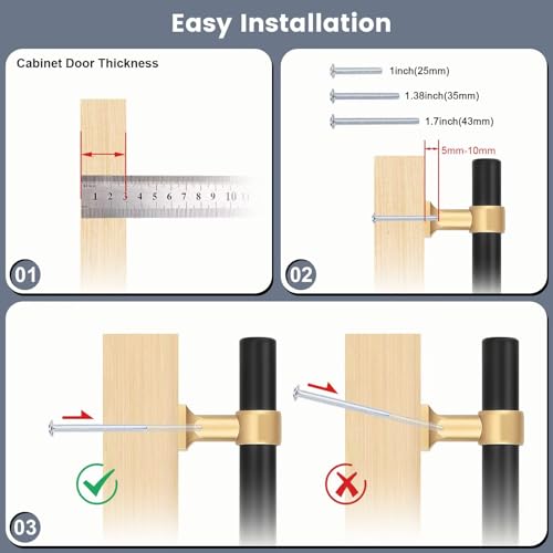 Black & Champagne Cabinet Pulls 5 Inch Hole Centers T Bar 10 Pack - color: Black with Champagne Gold Base, size: Hole Centers: 5inch