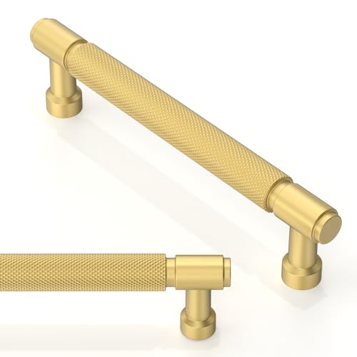 10 Pack Brushed Gold Knurled Cabinet Pulls 5 Inch(128mm) Kitchen Cabinet Handles Cabinet Hardware Drawer Pulls - color: Brushed Gold, size: 5" Hole Center