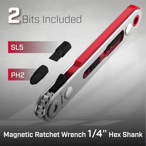Bates Mini Ratchet Wrench, 1/4" Magnetic 90 Degree Screwdriver, Low Profile Right Angle Screwdriver for Tight Spaces - color: Red, size: 1 pcs
