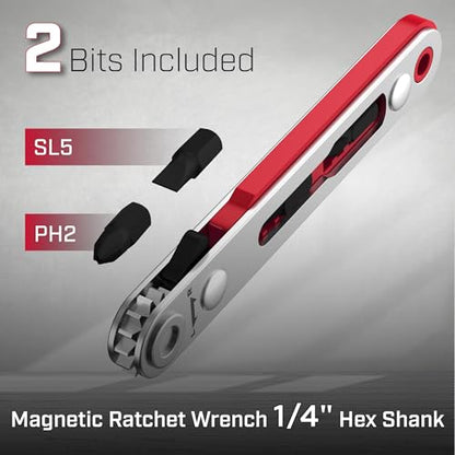 Bates Mini Ratchet Wrench, 1/4" Magnetic 90 Degree Screwdriver, Low Profile Right Angle Screwdriver for Tight Spaces - color: Red, size: 1 pcs