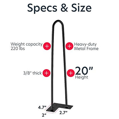 EconoHome Metal Hairpin Legs 20 inch - (Various Size Options) Table Legs, Desk Legs, Furniture Legs, Coffee Table Legs - Modern Hairpin Legs for Any DIY Project - size: 20 Inch