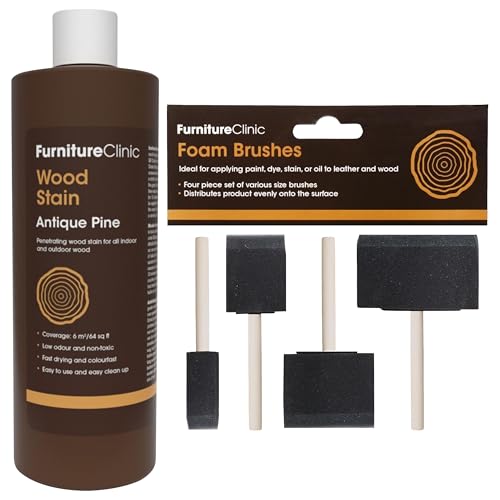 Furniture Clinic 17oz Antique Pine Wood Stain + 4 Pack Foam Brushes | Water Based | Fast Drying, Low Odor, & Non-Toxic | for Indoor & Outdoor Furniture and More