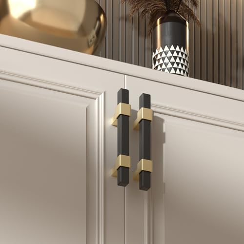 Goldenwarm 10 Pack 3 Inch Black and Gold Cabinet Pulls, Zinc Alloy - size: 3” Hole Center